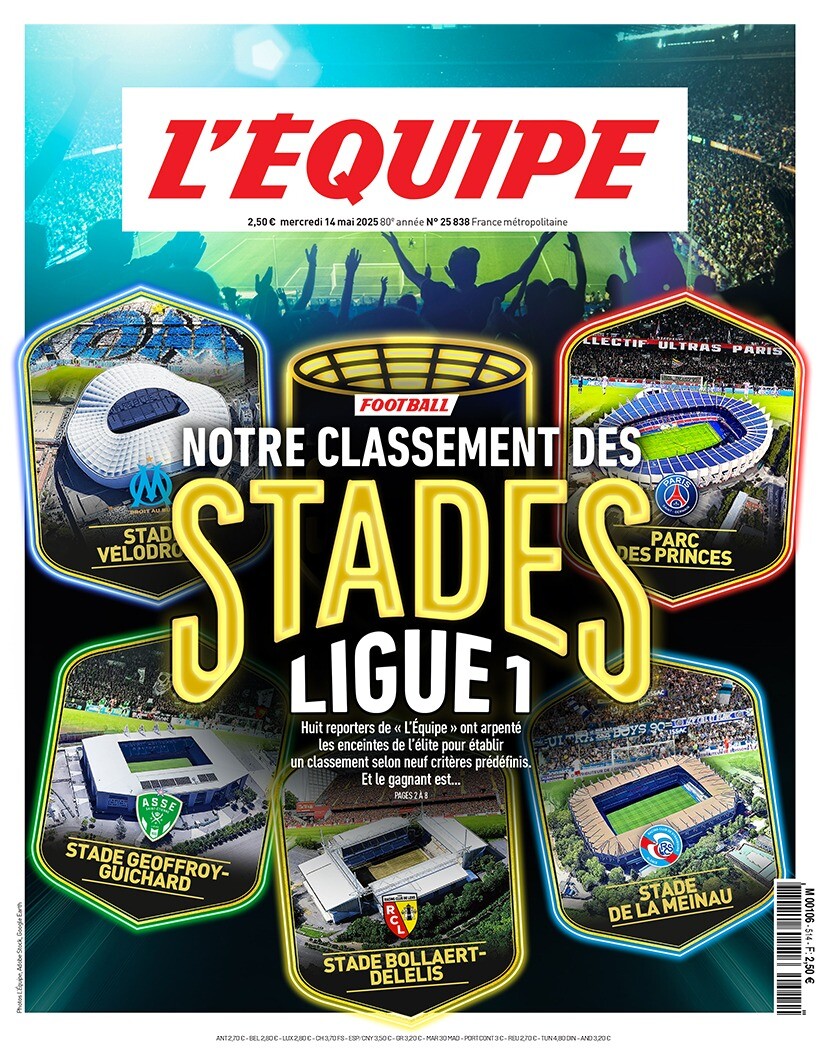 🗞️ Le classement des stades de Ligue 1 est à la une du journal L'Équipe du mercredi 14 mai 2025