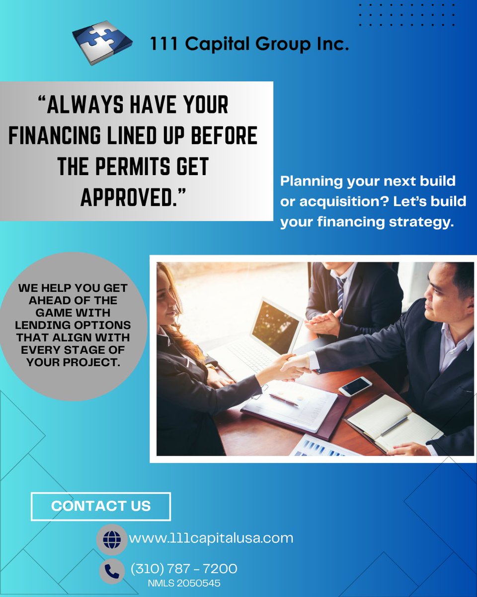 111_capitalgrp's tweet photo. “Always have your financing lined up before the permits get approved.”

We help you get ahead of the game with lending options that align with every stage of your project.

Planning your next build or acquisition? Let’s build your financing strategy.

#ProTips

#DeveloperFinance

#SmartInvesting

#ContractorCapital