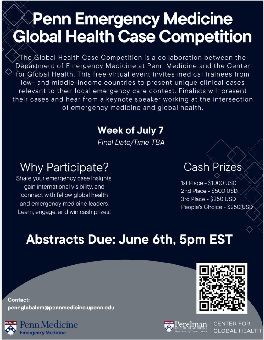 Megan Rybarczyk (@meganrybarczyk) on Twitter photo Inaugural <a href="/UPennEM/">Penn EM Residency</a> Global EM case competition with <a href="/UPennCGH/">CGH</a>. Must be a trainee from a resource-denied/LMIC setting. Submit your case abstract today! Inaugural <a href="/UPennEM/">Penn EM Residency</a> Global EM case competition with <a href="/UPennCGH/">CGH</a>. Must be a trainee from a resource-denied/LMIC setting. Submit your case abstract today!