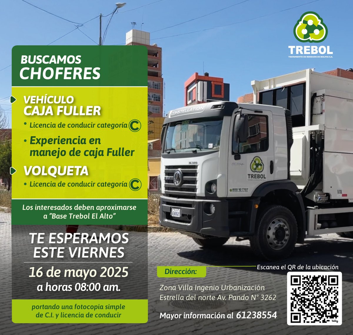 TREBOLBOLIVIA's tweet photo. ¡Únete a nosotros!
Estamos buscando personas para formar parte de nuestro equipo 
#trebol #lamejorempresaderesiduos #ElAlto #Cuidatuciudad https://t.co/OczxDzrfQW