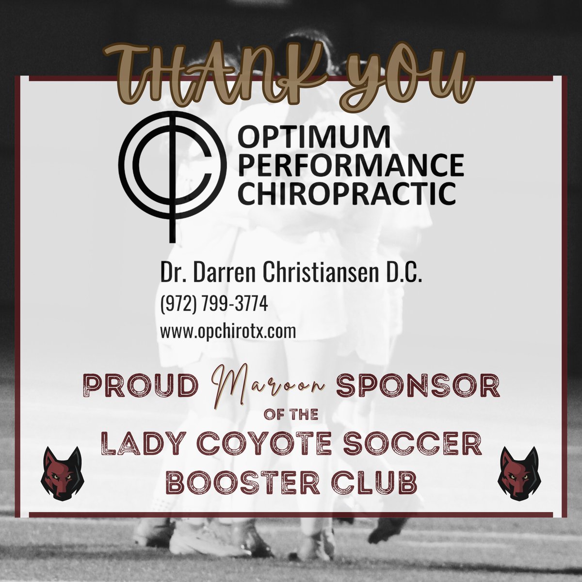 Lady Coyotes Soccer (@lcoyotessoccer) on Twitter photo Thank you to Dr. Christiansen at Optimum Performance Chiropractic for your support and sponsorship this season!
We appreciate your help in making our 2025 Season a success! Thank you to Dr. Christiansen at Optimum Performance Chiropractic for your support and sponsorship this season!
We appreciate your help in making our 2025 Season a success!