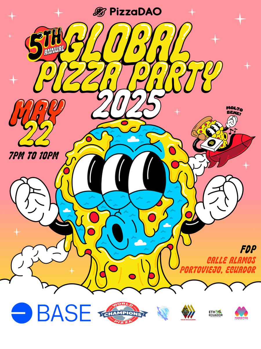 🍕La 5ª versión del Global Pizza Party de PizzaDAO se viene y Portoviejo se unió a la fiesta.

Una fiesta con un ambiente amiga y familiar para hablar de web3 mientras comemos pizza 🍕

7 PM a 10 PM

Community Partners: <a href="/ProyectoAliento/">Proyecto Aliento♦️</a>
<a href="/marketersweb3/">MKT Community🚀</a>
<a href="/EthTricolor/">ETH Ecuador 🇪🇨</a> y Hive Ecuador.