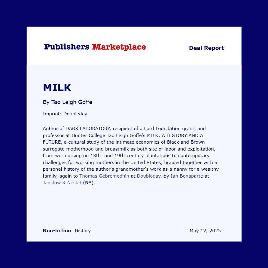 MY NEW BOOK DEAL! Announced today in #PublishersMarketplace. MILK: A HISTORY AND A FUTURE is the sequel to my debut book 📕 #DarkLaboratory 🏆 another 6-figure deal from Doubleday #penguinrandomhouse.
