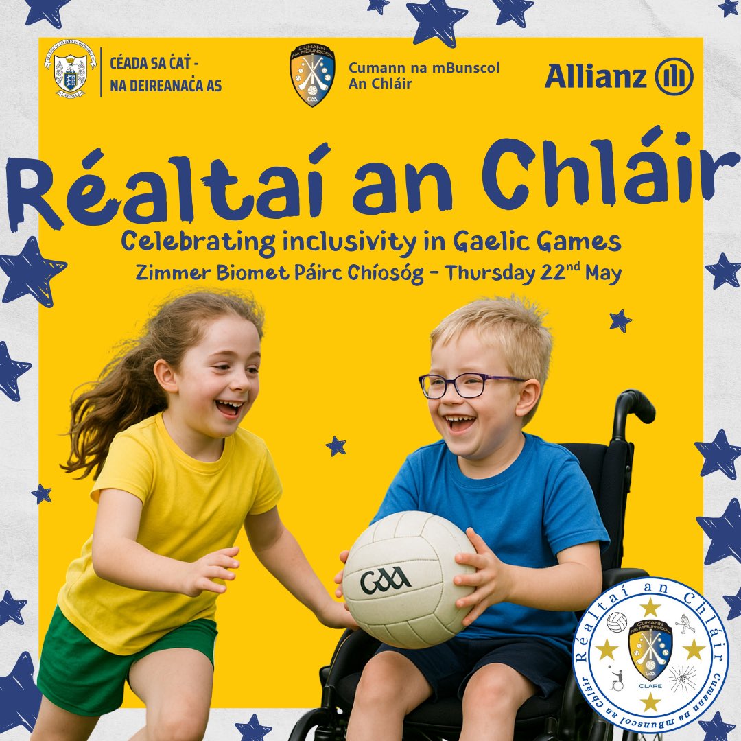 Cumann na mBunscol an Chláir will celebrate inclusivity in Gaelic games by hosting a new initiative for children with additional needs, ‘Réaltaí an Chláir’, in Zimmer Biomet Páirc Chíosóg on Thursday, May 22.

This event will see Cumann na mBunscol an Chláir collaborate with