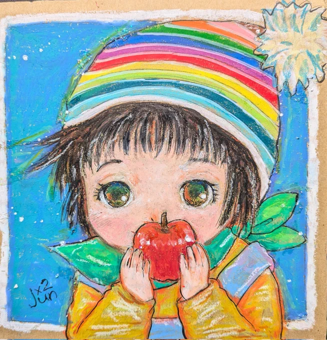 『 りんごちゃん 』#アナログイラスト#オイルパステルダンボールにオイルパステルで女描きましたダンボールに描くのが最近の試みたのしいです今日も良き日に 
