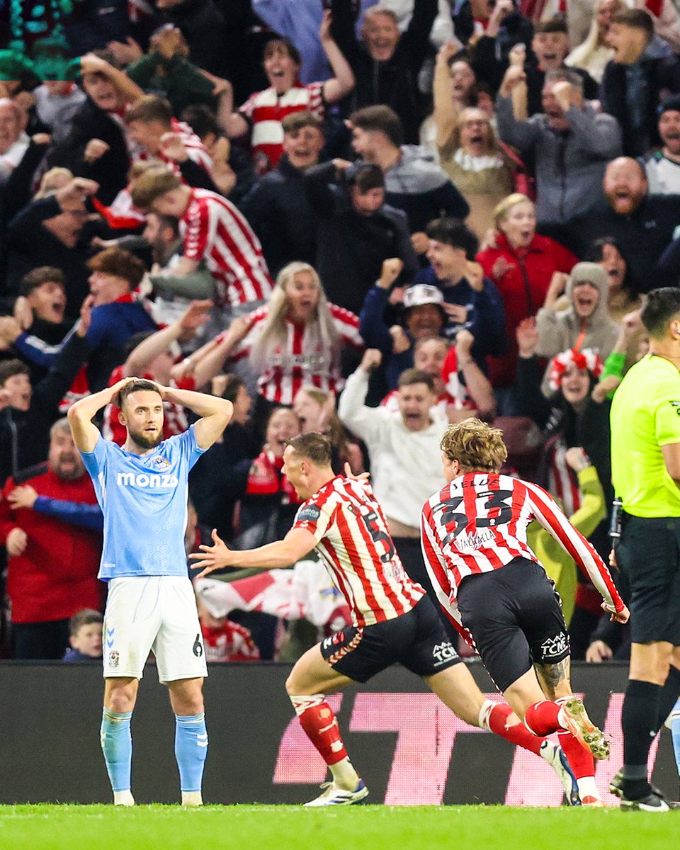 brfootball's tweet photo. Dan Ballard sends Sunderland to Wembley with a goal in the 𝟏𝟐𝟐𝐧𝐝 minute against Coventry 😤

One win away from a return to the Premier League. https://t.co/k1jrZkbnZO