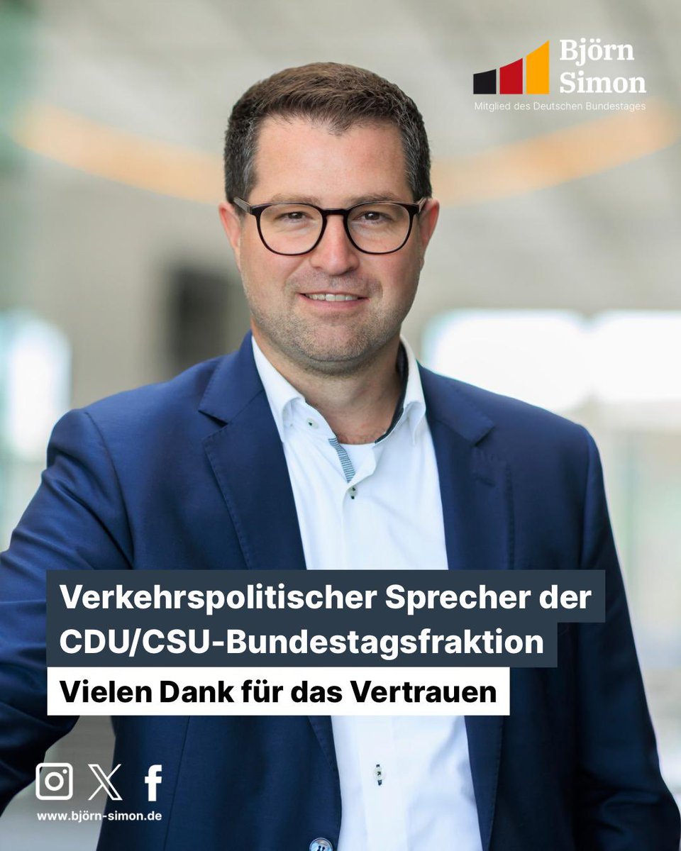 Björn Simon (@bjoernsimon) on Twitter photo In der Fraktionssitzung der <a href="/cducsubt/">CDU·CSU</a> wurde ich heute zum verkehrspolitischen Sprecher gewählt. Ich freue mich sehr, gemeinsam mit den Mitgliedern unserer CDU/CSU-Arbeitsgruppe #Verkehr die wichtige Arbeit im Verkehrsausschuss des Parlamentes aufzunehmen.
<a href="/CDU/">CDU Deutschlands</a> <a href="/CSU/">CSU</a> <a href="/csu_bt/">CSU im Bundestag</a> In der Fraktionssitzung der <a href="/cducsubt/">CDU·CSU</a> wurde ich heute zum verkehrspolitischen Sprecher gewählt. Ich freue mich sehr, gemeinsam mit den Mitgliedern unserer CDU/CSU-Arbeitsgruppe #Verkehr die wichtige Arbeit im Verkehrsausschuss des Parlamentes aufzunehmen.
<a href="/CDU/">CDU Deutschlands</a> <a href="/CSU/">CSU</a> <a href="/csu_bt/">CSU im Bundestag</a>