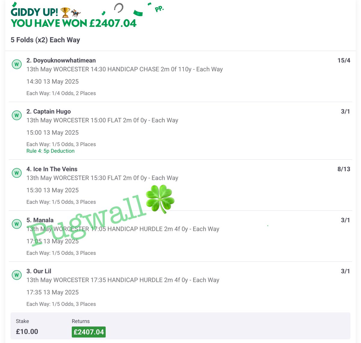 westbrom7777's tweet photo. Genuine question, is my maths correct?? Here’s today’s bets on £20 a point how many points have we made.? Come on boys & girls what’s the total? 🍀 https://t.co/i1iRWfHXfH