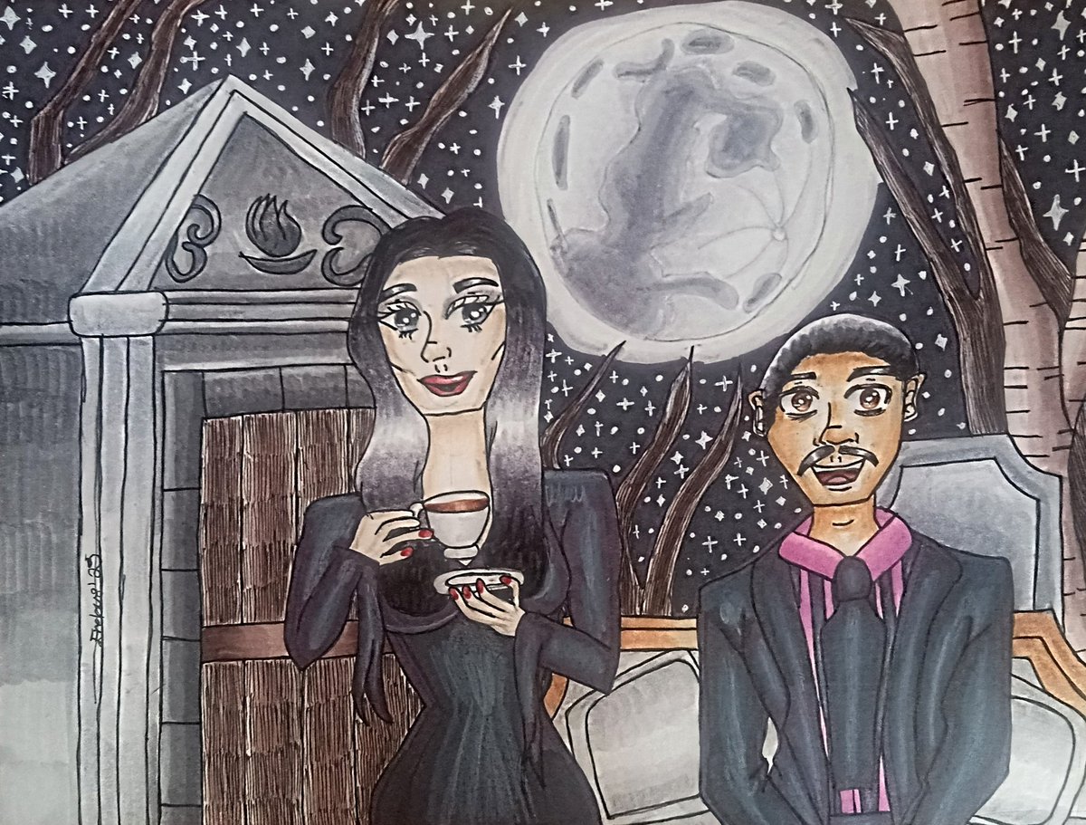 Studio_Reaper's tweet image. #addamsfamily #MorticiaAddams #MrGomez #horror #surrealism #fanart #copic #moon #graveyard 

  True, pure love can happen even in the most morbid of environments. Mr. Gomez and Morticia's romance can even illuminate the grimmest of cemeteries. 

- Erebus 💀