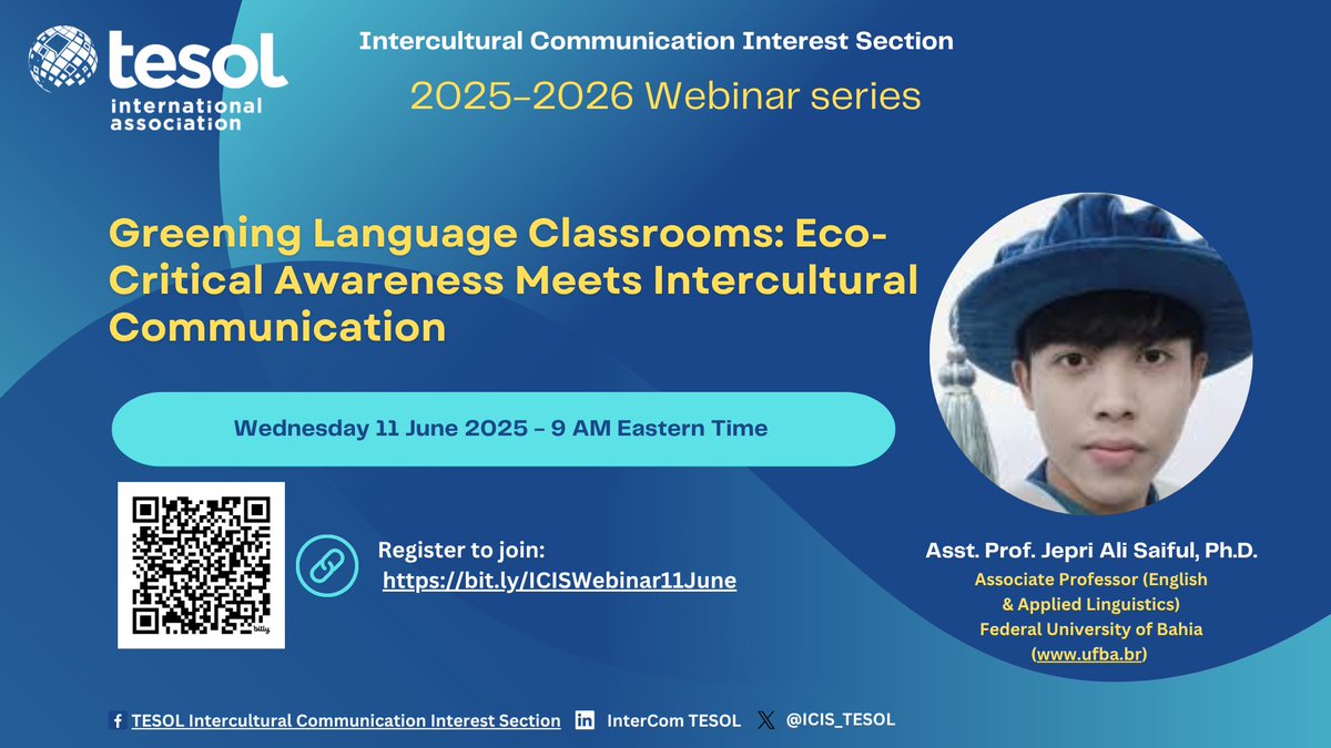 Register to join us for our next ICIS Webinar with Dr Jepri Ali Saiful on Wednesday 11 June 2025 at 9 am Eastern Time.
Title: Greening Language Classrooms: Eco-Critical Awareness Meets Intercultural Communication
Link to register: bit.ly/ICISWebinar11J…