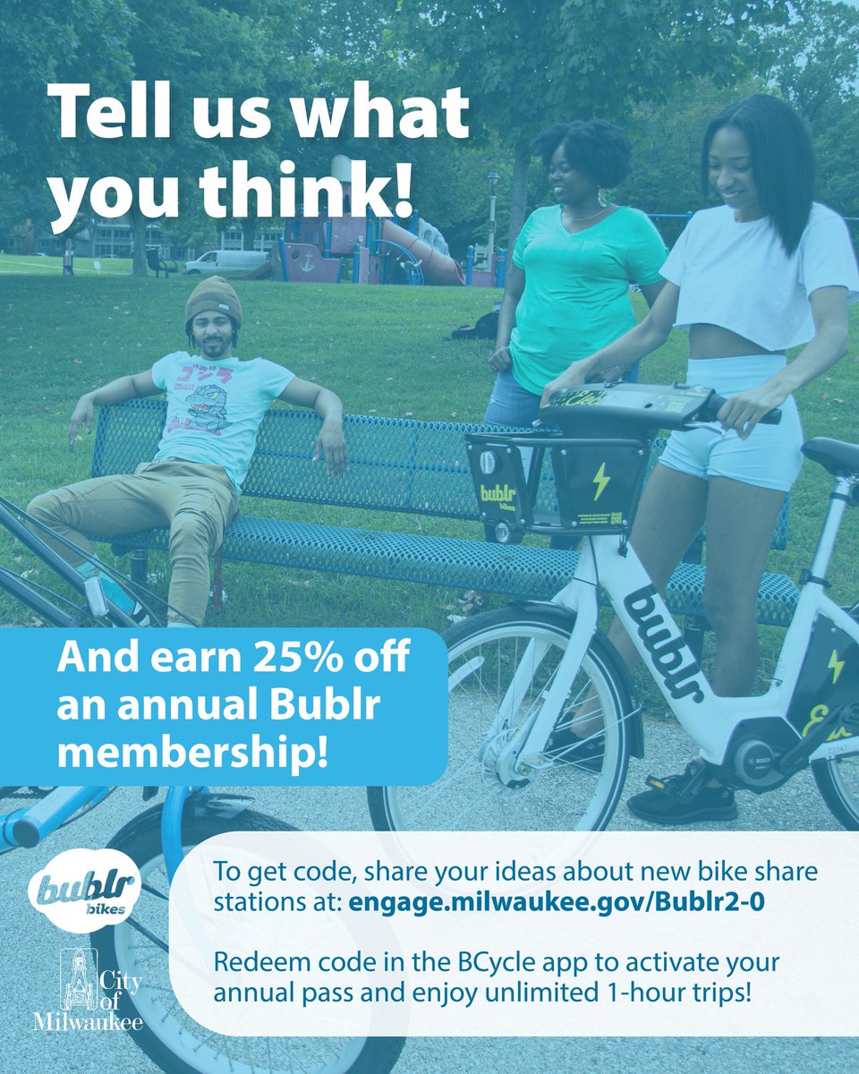 Greater Milwaukee’s nonprofit bikeshare is getting an upgrade! Share your ideas at engage.milwaukee.gov/bublr2-0
This survey is only available for a limited time—don’t miss your chance to share your voice!
You’ll receive 25% off your Annual Pass for completing the survey!