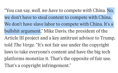 "We don't have to steal content to compete with China".

America is waking up to the fact that its culture industries are worth more than its over-hyped AI industries.