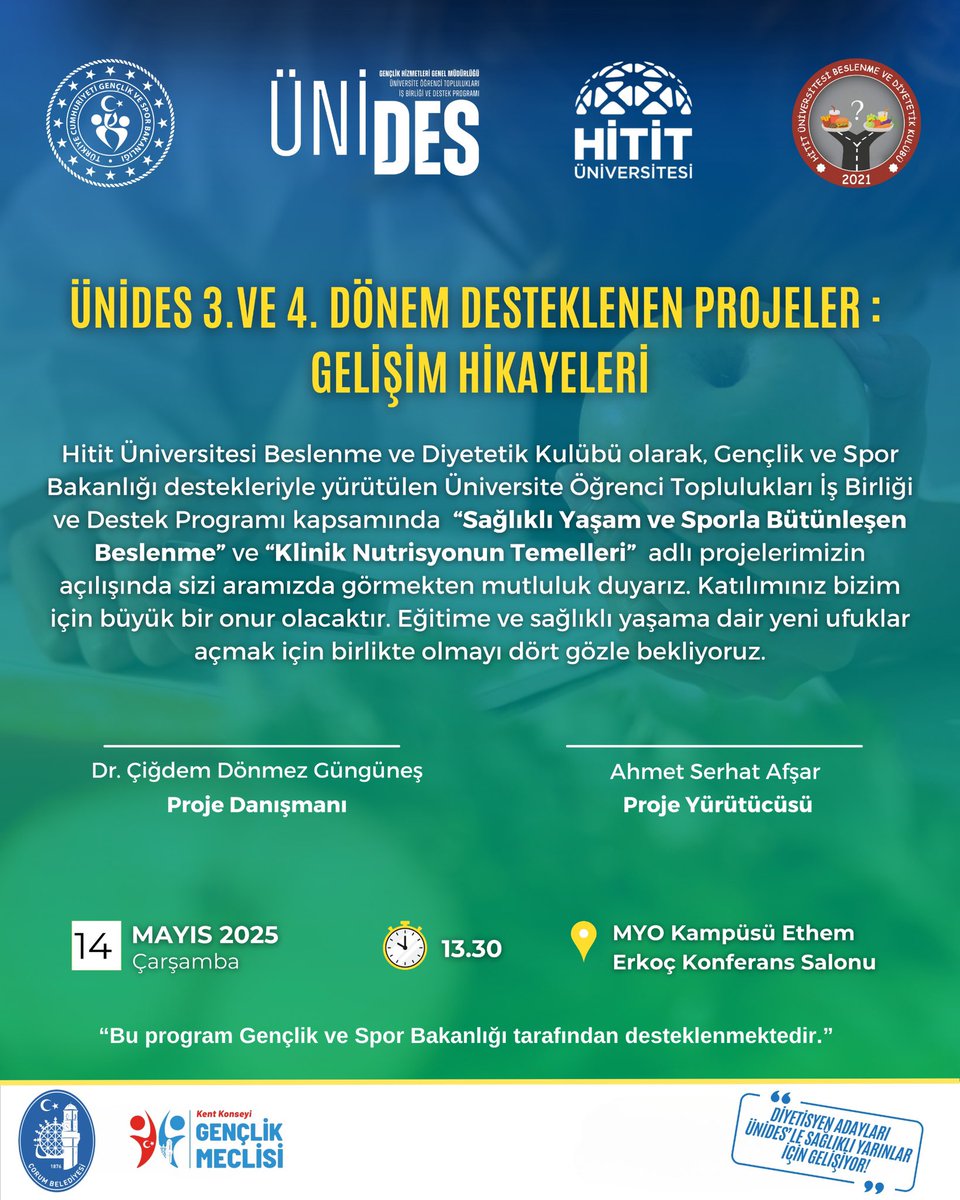 Hitit Üni. Beslenme ve Diyetetik Kulübü olarak, Gençlik ve Spor Bakanlığı destekli “Sağlıklı Yaşamla Beslenme” ve “Klinik Nutrisyon” projelerimizin açılışında sizi aramızda görmekten onur duyarız. Sağlık için birlikteyiz!
#ünides #hititüniversitesi 

<a href="/HituKurumsal/">Hitit Üniversitesi</a> <a href="/ProfAliOzturk/">Ali Osman Öztürk</a>