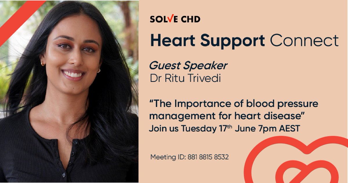 Heart Support Australia (@heartsupportaus) on Twitter photo Join us for our next Heart Support Connect online session where Dr Ritu Trivedi will talk about the importance of blood pressure management for those living with heart disease.
Tuesday 17th June 7pm AEST.
Zoom: us02web.zoom.us/j/88188158532
Meeting ID: 881 8815 8532
<a href="/SOLVECHD/">❤️SOLVECHD❤️</a> Join us for our next Heart Support Connect online session where Dr Ritu Trivedi will talk about the importance of blood pressure management for those living with heart disease.
Tuesday 17th June 7pm AEST.
Zoom: us02web.zoom.us/j/88188158532
Meeting ID: 881 8815 8532
<a href="/SOLVECHD/">❤️SOLVECHD❤️</a>