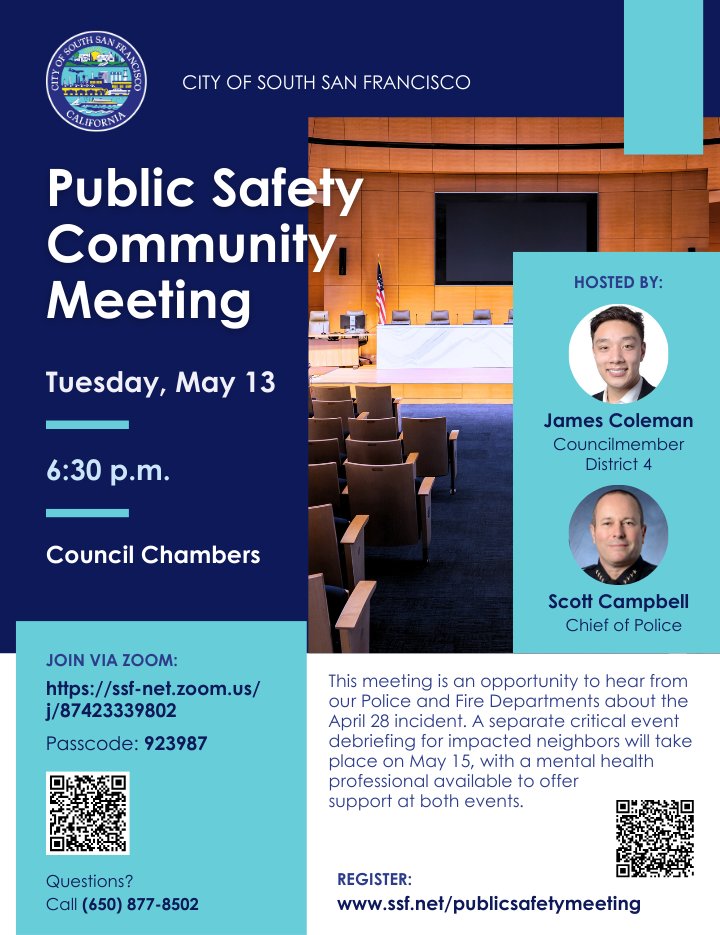 REMINDER: We’re hosting a Public Safety Community Meeting TONIGHT at 6:30 PM. Hear directly from our Police &amp; Fire Departments about the April 28 incident. 
Register: ssf.net/publicsafetyme…
Join via Zoom: ssf-net.zoom.us/j/87423339802
Passcode: 923987