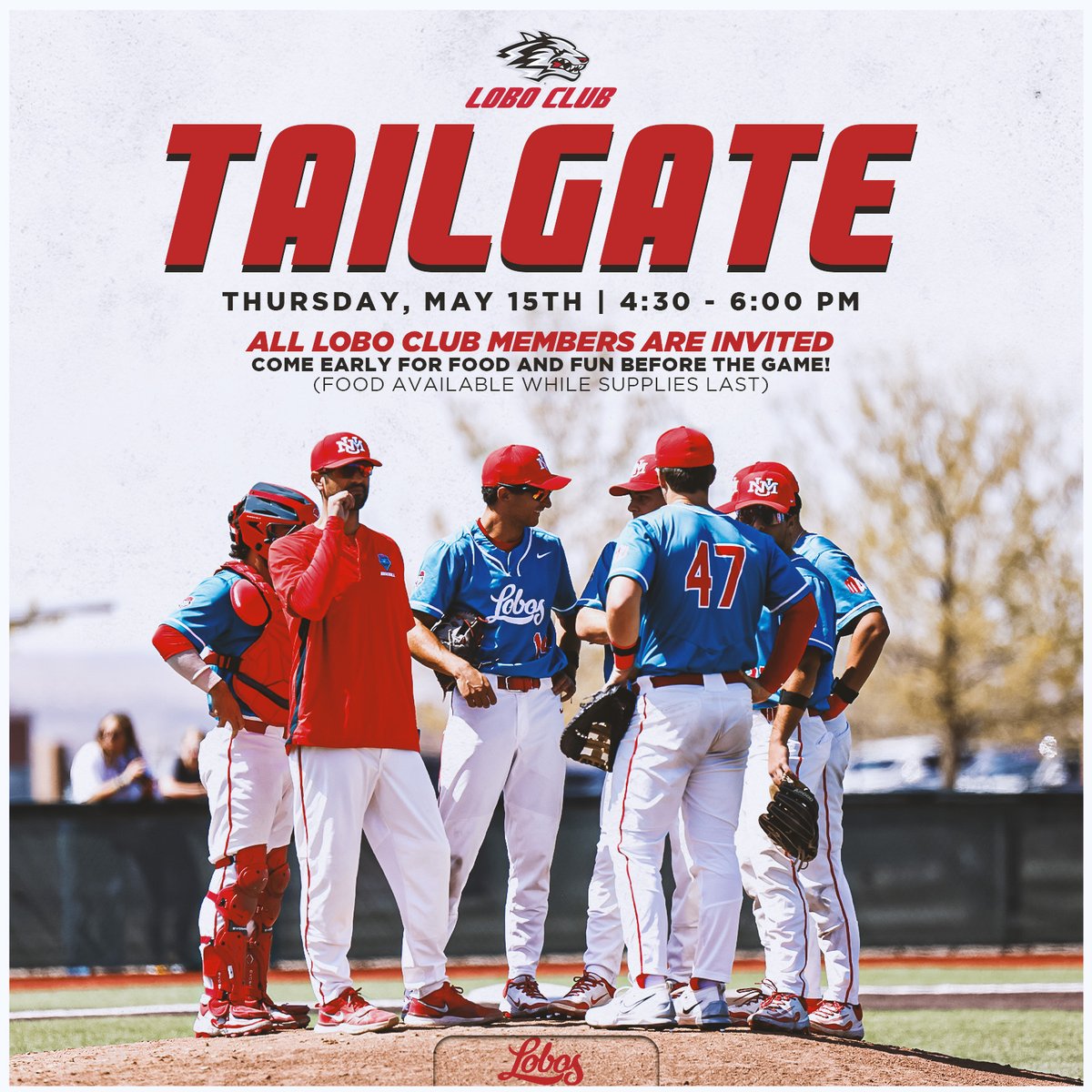 Swing into the <a href="/UNMLoboBaseball/">UNM Baseball</a> Game Day at the Lobo Club Tailgate this Thursday!

Good vibes, great food, and Lobo pride — come early and kick off game day with your fellow Lobo Baseball fans!  

We can't wait to see you all there! 

#GoLobos