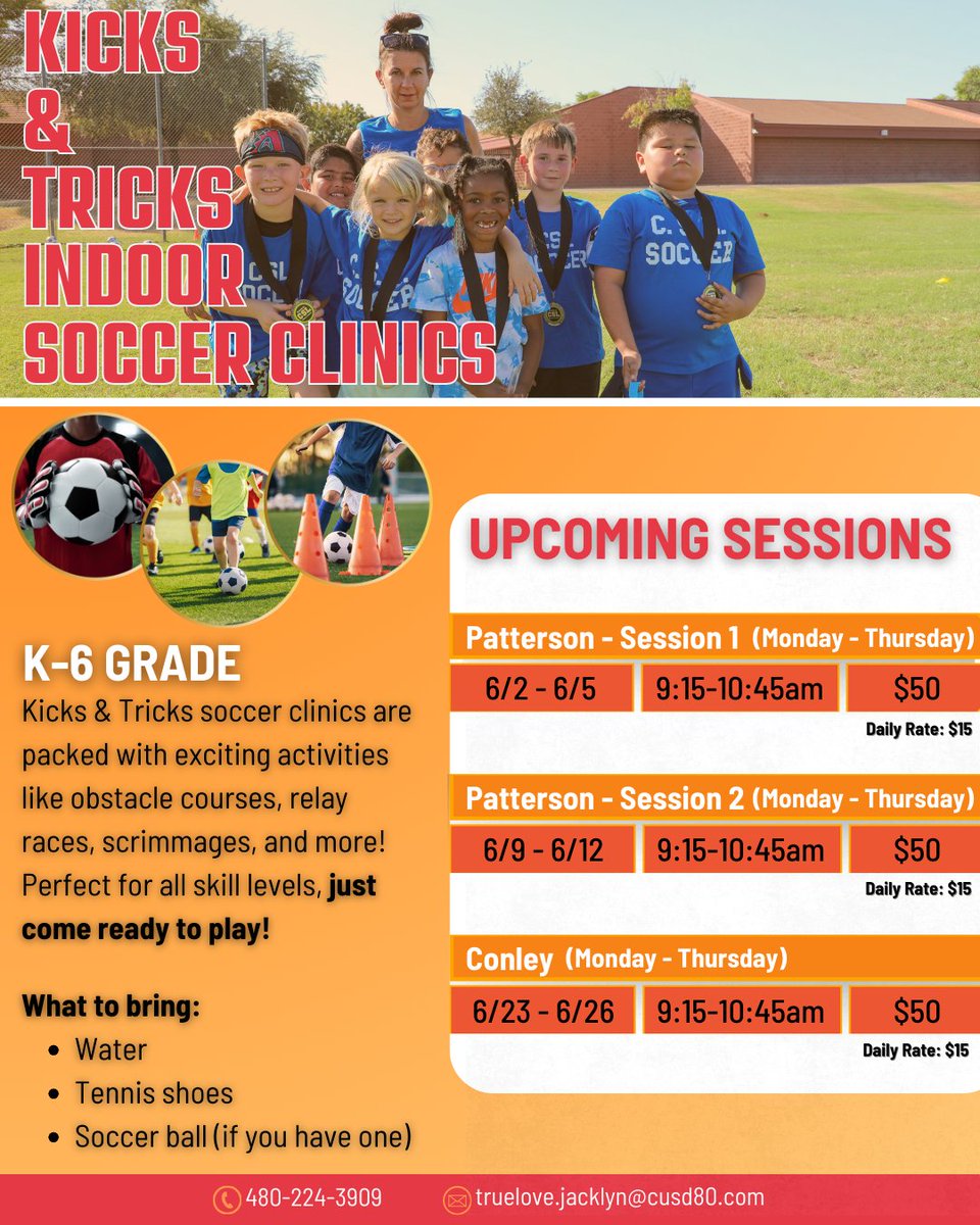 Chandler Sports League is hosting Indoor Soccer Clinics this June at Conley and Patterson Elementary for students in grades K–6! ⚽️ All skill levels are welcome—come learn, play, and have fun over summer break!

👉 Register here: bit.ly/432S0Uk