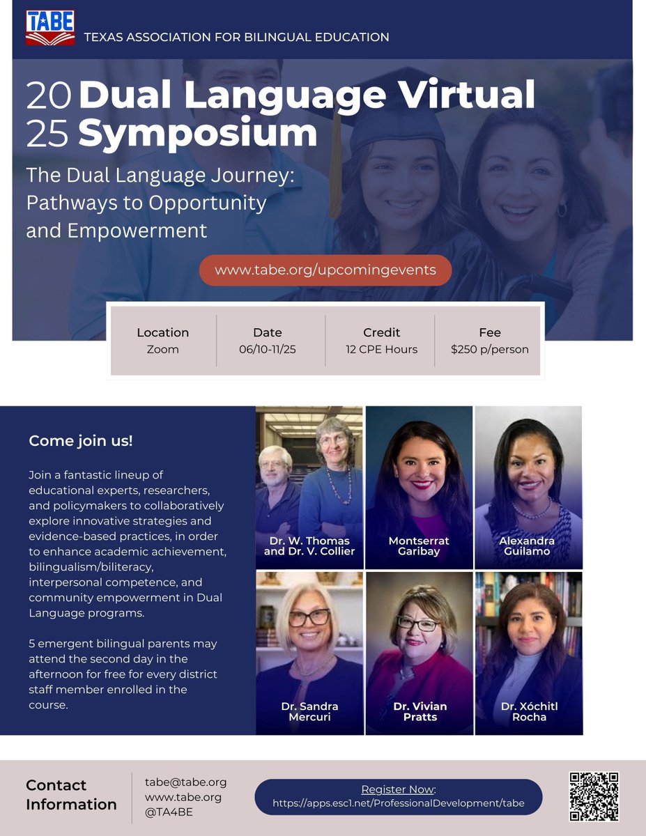 🌟 Join us this June for the 4th Annual Dual Language Virtual Symposium! Gain insights from renowned experts like Drs. Thomas &amp; Collier, Montserrat Garibay, Alexandra Guilamo, Dr. Mercuri, Dr. Pratts, Dr. Rocha, and many more! 🎉 5 parents can attend FREE! tabe.org/upcomingevents