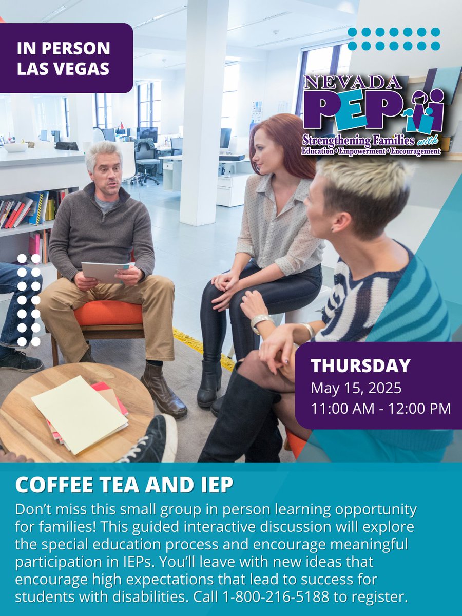 NevadaPEP's tweet image. 📍Don’t miss this small group, in-person learning opportunity for Las Vegas families! Dive into the special education process and get tips for meaningful IEP participation.

📞 Call 1-800-216-5188 to register!

#SpecialEducation #IEPsupport #FamilyWorkshops #SPED #IEPMeetings