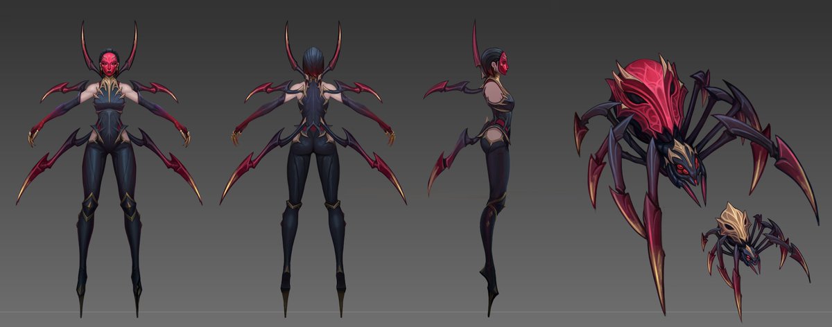 Some concept work I put together on the tweaked Masque of The Black Rose Elise ! I was really excited to get to reimagine the spider forms in particular; A bit of gold leaf to glitz up the legs, &amp; I liked the idea of using masks similar to the ball guests for the spiderlings!