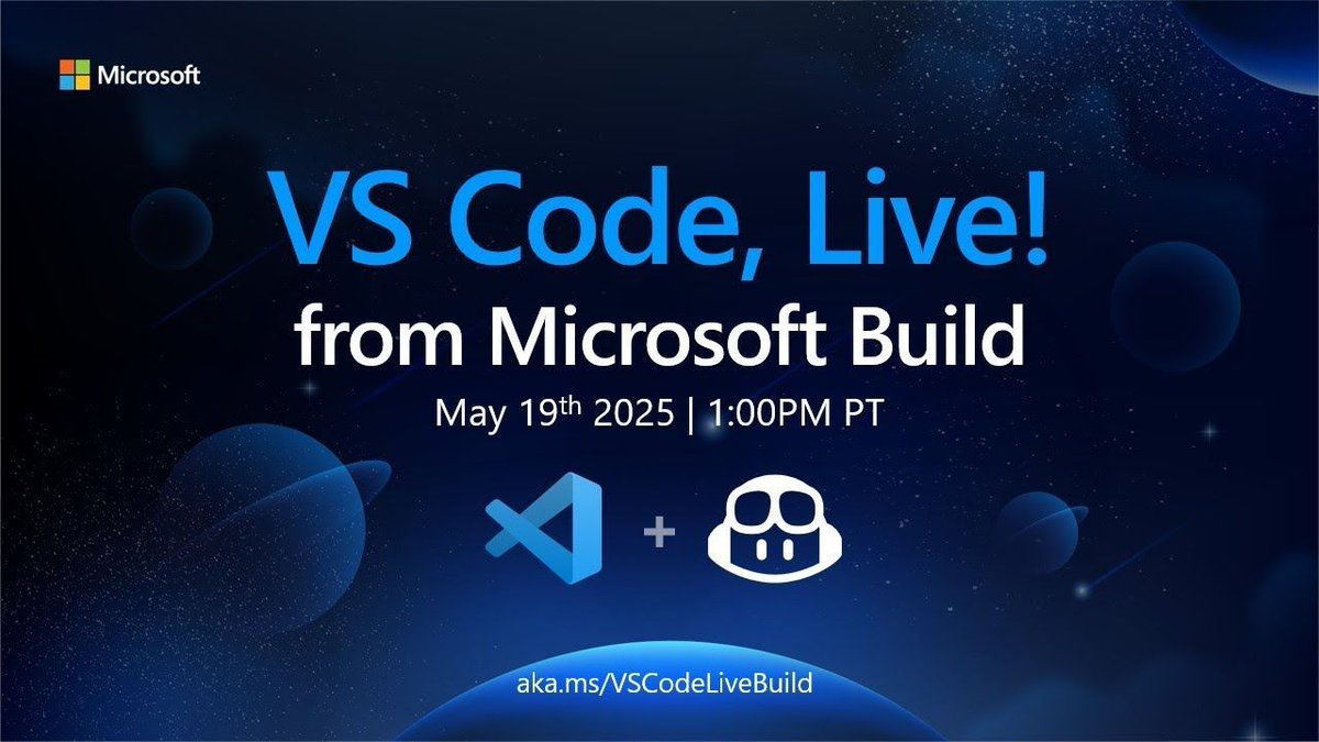 code's tweet image. We're coming to you LIVE from Build for a special edition of VS Code Live! Join us to see the latest @code features in action in a vibe-coding showdown.
@jlengstorf from @codetv_dev and @burkeholland will be hosting, so you definitely don't want to miss this!
📅 May 19th @ 1 PM…