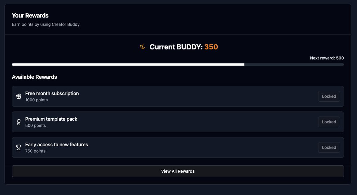 Imagine getting paid to grow on X

Right now I'm building out the coolest AI reward system ever. I think this will change how SaaS works moving forward

I'm building an AI agent into Creator Buddy that will monitor all of your X posts

If you put out any posts that get above your
