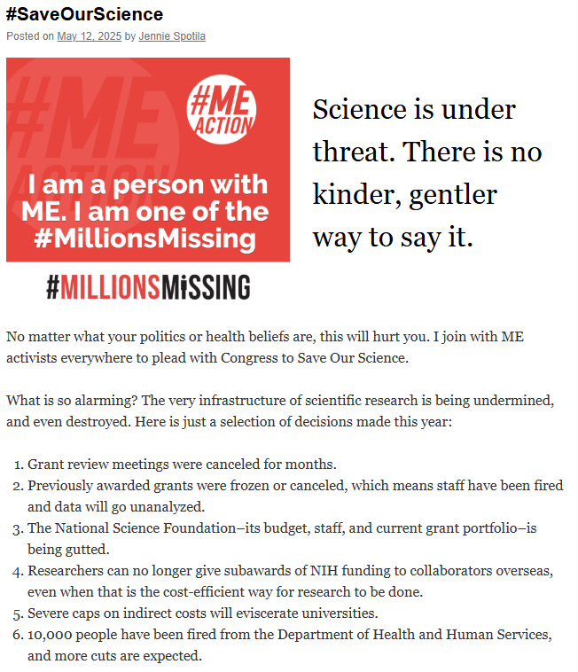 TomKindlon's tweet photo. "#SaveOurScience: Science is under threat. There is no kinder, gentler way to say it" by Jennie Spotila @jspotila 

https://t.co/GWZlE3Mx2P

#MEcfs #SaveOurScience https://t.co/IftnkmHUuJ