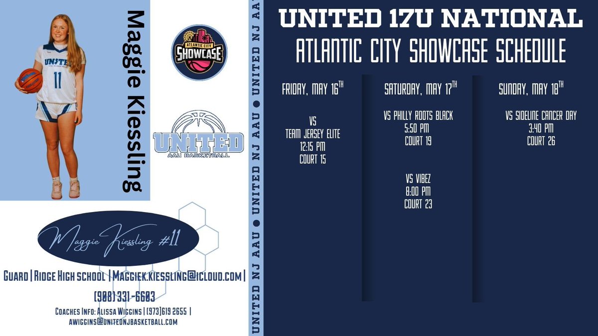 Maggie Kiessling (@maggiekiessling) on Twitter photo Atlantic City Showcase this weekend! Come check us out! Here’s my schedule:
<a href="/unitedNJaau/">United NJ AAU</a> <a href="/CoachWiggins05/">Alisa Wiggins</a> Atlantic City Showcase this weekend! Come check us out! Here’s my schedule:
<a href="/unitedNJaau/">United NJ AAU</a> <a href="/CoachWiggins05/">Alisa Wiggins</a>