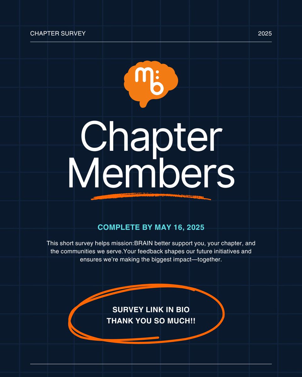 🧠 Calling all Chapter Members!

We want to hear from you 💬
Complete the 2025 Chapter Survey by May 16 to help shape the future of mission:BRAIN. Your feedback helps us grow and serve even more communities around the world.

📍 Link  — docs.google.com/forms/d/e/1FAI…