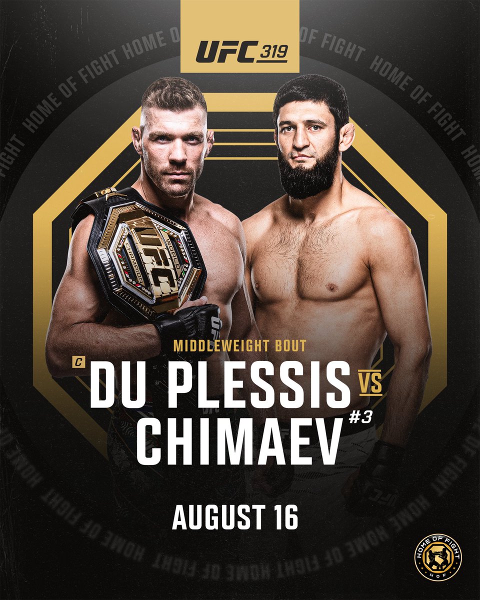 Home_of_Fight's tweet photo. 🚨 BREAKING: Dricus Du Plessis vs. Khamzat Chimaev is set for UFC 319 on August 16th. (via Dana White) https://t.co/9peEhqODMZ