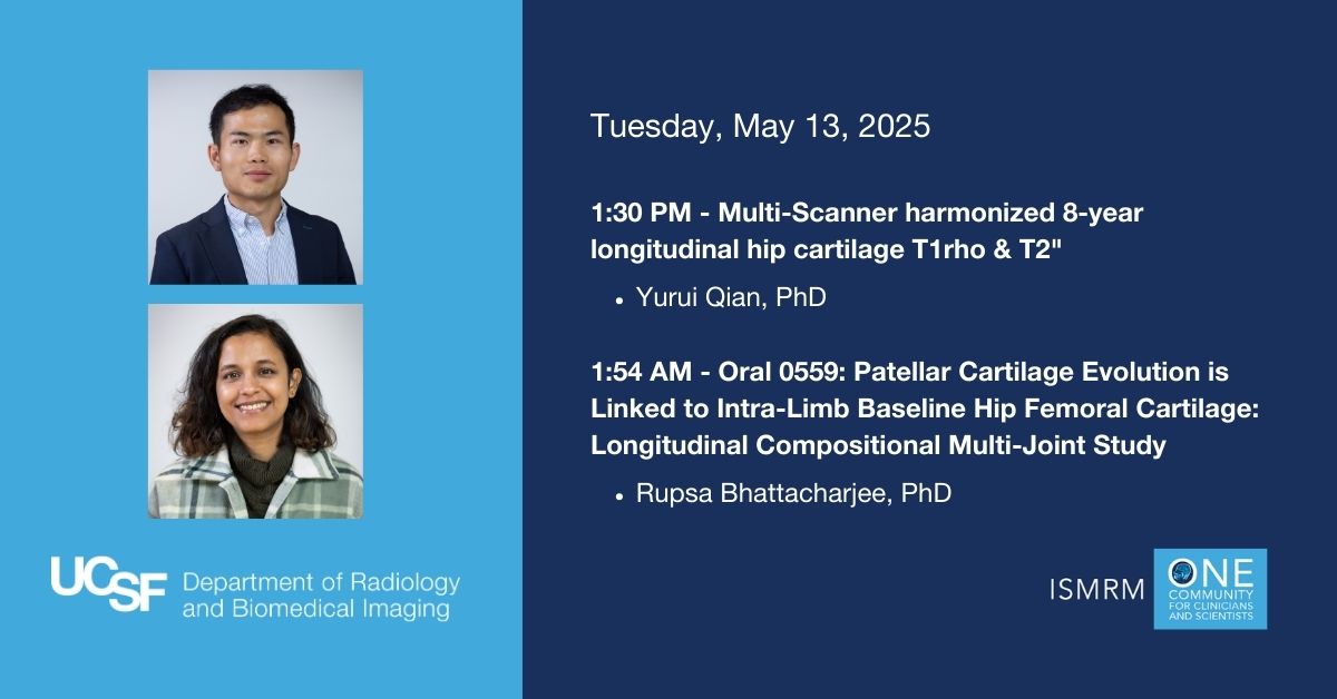 UCSF Imaging (@ucsfimaging) on Twitter photo Catch <a href="/UCSFimaging/">UCSF Imaging</a>'s afternoon presentations at #ISMRM2025, featuring new insights in musculoskeletal imaging & MR harmonization from Drs. Yurui Qian & Rupsa Bhattacharjee (<a href="/Rupsa_B/">Rupsa Bhattacharjee, PhD</a>). <a href="/ISMRM/">ISMRM</a> Catch <a href="/UCSFimaging/">UCSF Imaging</a>'s afternoon presentations at #ISMRM2025, featuring new insights in musculoskeletal imaging & MR harmonization from Drs. Yurui Qian & Rupsa Bhattacharjee (<a href="/Rupsa_B/">Rupsa Bhattacharjee, PhD</a>). <a href="/ISMRM/">ISMRM</a>