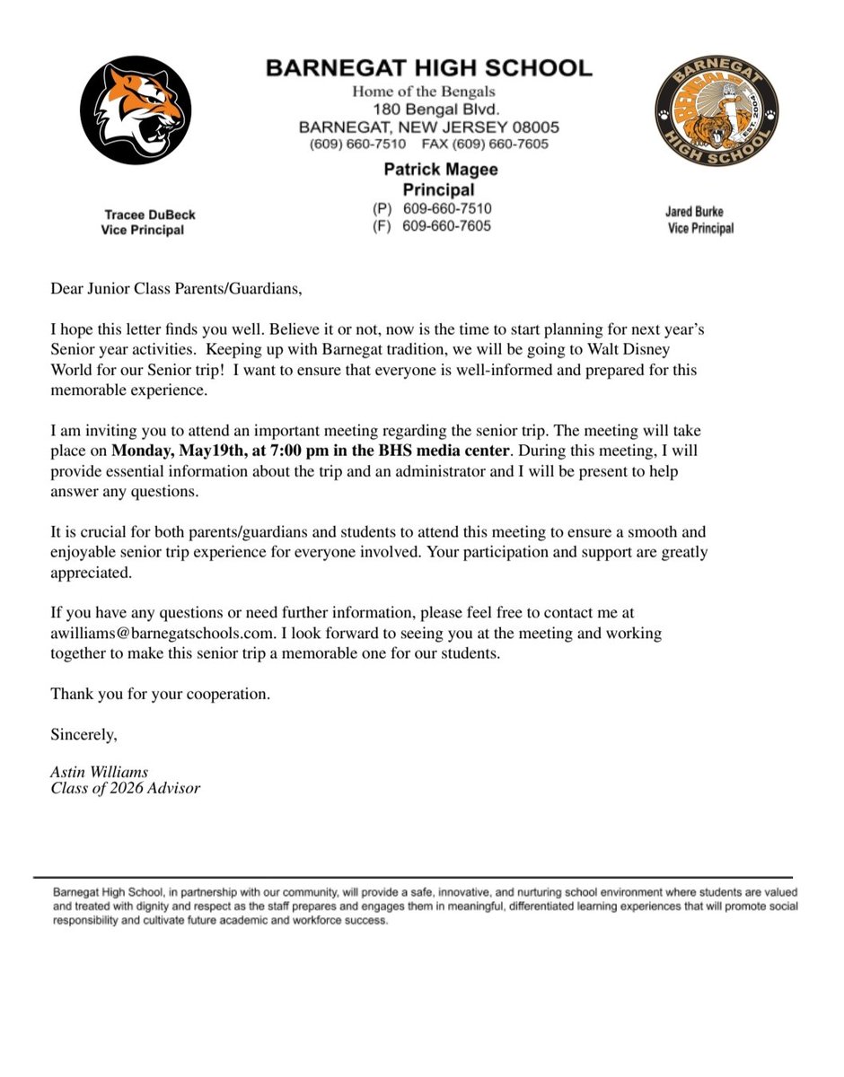 2026 Senior Trip information meeting - Mon, May 19 at 7pm in the BHS Media Center #BHS #BarnegatInspires #OneBarnegat