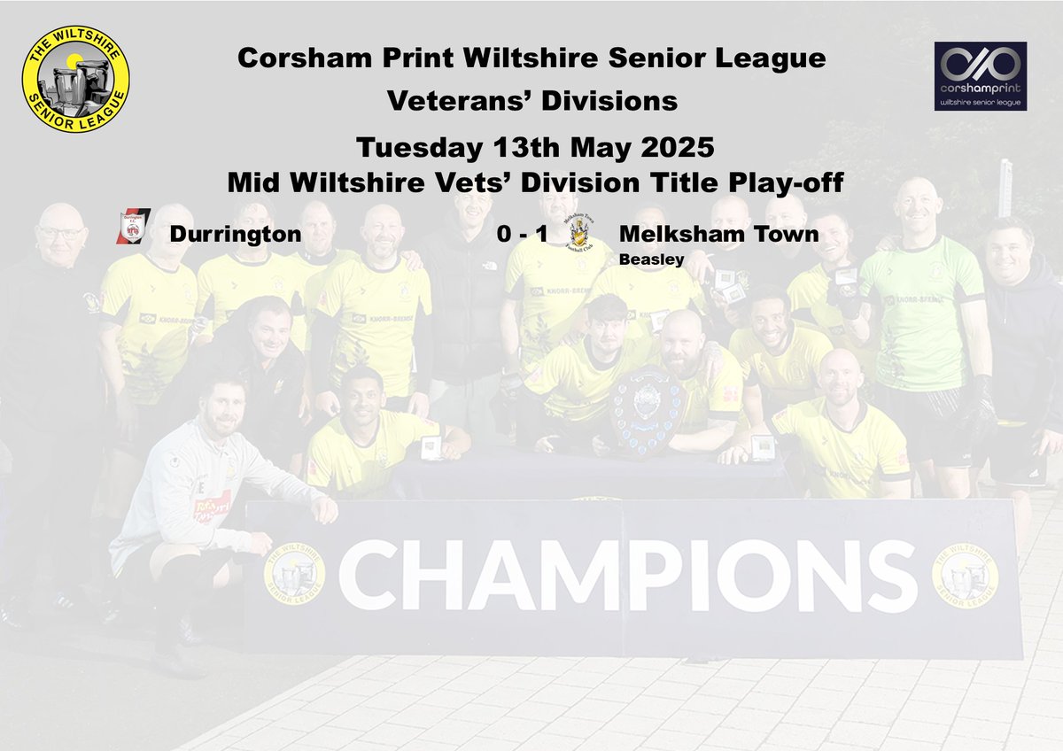 Wiltshire Senior League (@wiltsleague) on Twitter photo A solitary goal from Kris Beasley just before half time was enough to see <a href="/MELKSHAMTOWNFC/">Melksham Town FC</a> win the title play-off for the Mid Wiltshire Veterans' Division against <a href="/Durringtonfcsat/">Durrington FC Saturday</a> in a tight game between two very good sides. Congratulations to both teams on a excellent season. A solitary goal from Kris Beasley just before half time was enough to see <a href="/MELKSHAMTOWNFC/">Melksham Town FC</a> win the title play-off for the Mid Wiltshire Veterans' Division against <a href="/Durringtonfcsat/">Durrington FC Saturday</a> in a tight game between two very good sides. Congratulations to both teams on a excellent season.