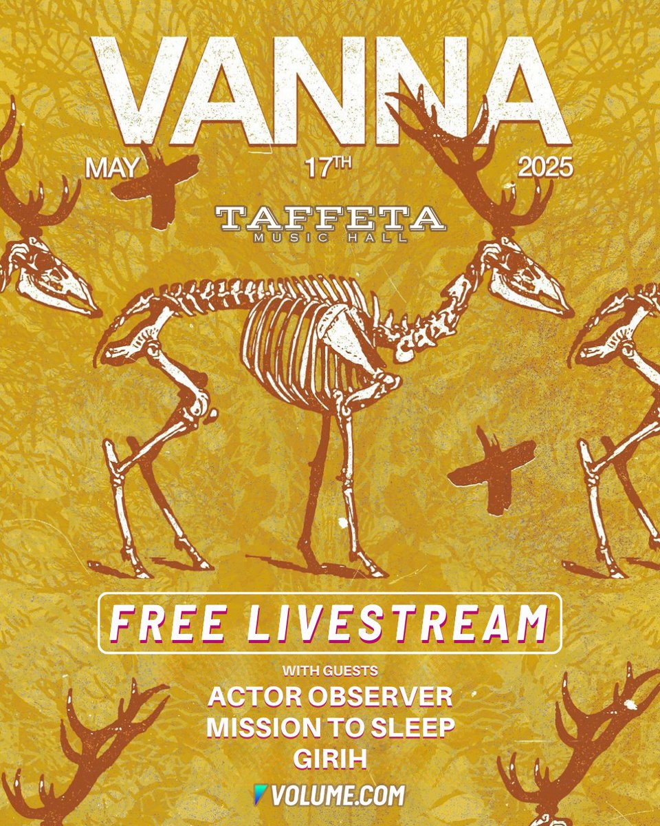 Volume.com (@getonvolume) on Twitter photo TONIGHT:
🖤 Catch the original @Vannaband reunited
🎥 Free livestream from <a href="/TaffetaMusic/">Taffeta Music</a>
🕗 7 PM ET on <a href="/GetOnVolume/">Volume.com</a>
🎟️ bit.ly/Taffeta-Vanna
Come hang out early for Actor Observer, Mission to Sleep and Girih––don’t sleep on this. TONIGHT:
🖤 Catch the original @Vannaband reunited
🎥 Free livestream from <a href="/TaffetaMusic/">Taffeta Music</a>
🕗 7 PM ET on <a href="/GetOnVolume/">Volume.com</a>
🎟️ bit.ly/Taffeta-Vanna
Come hang out early for Actor Observer, Mission to Sleep and Girih––don’t sleep on this.