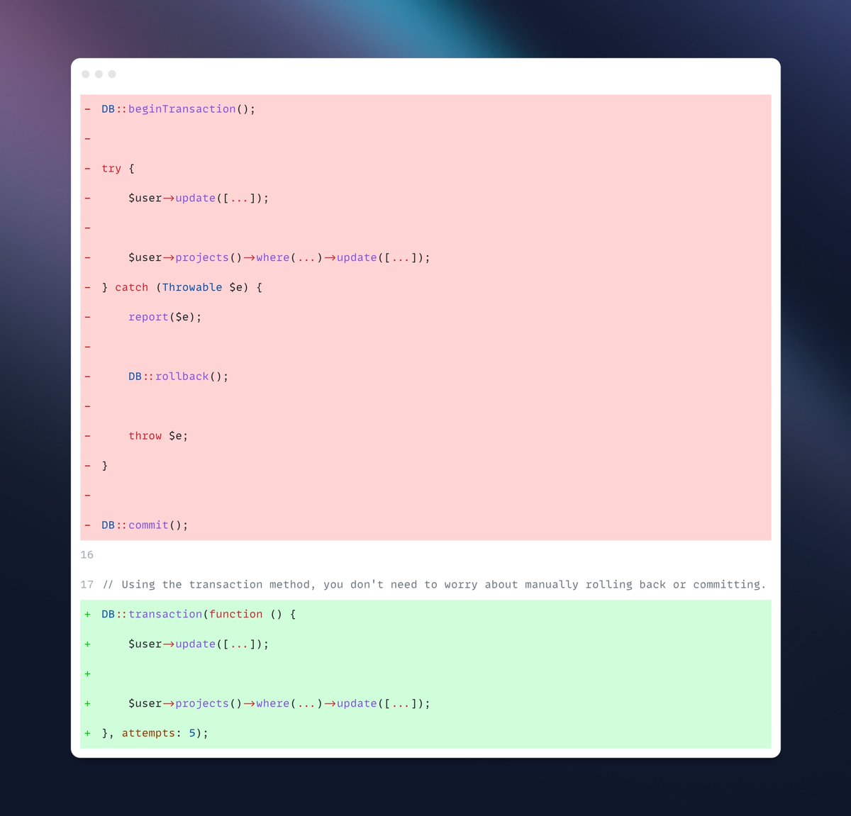 There's a good chance `DB::transaction()` is all you'll ever need when it comes to running a set of queries within a database transaction. It'll automatically handle commits, retries, rollbacks, etc.

No point trying to take on that responsibility, unless there's a very good