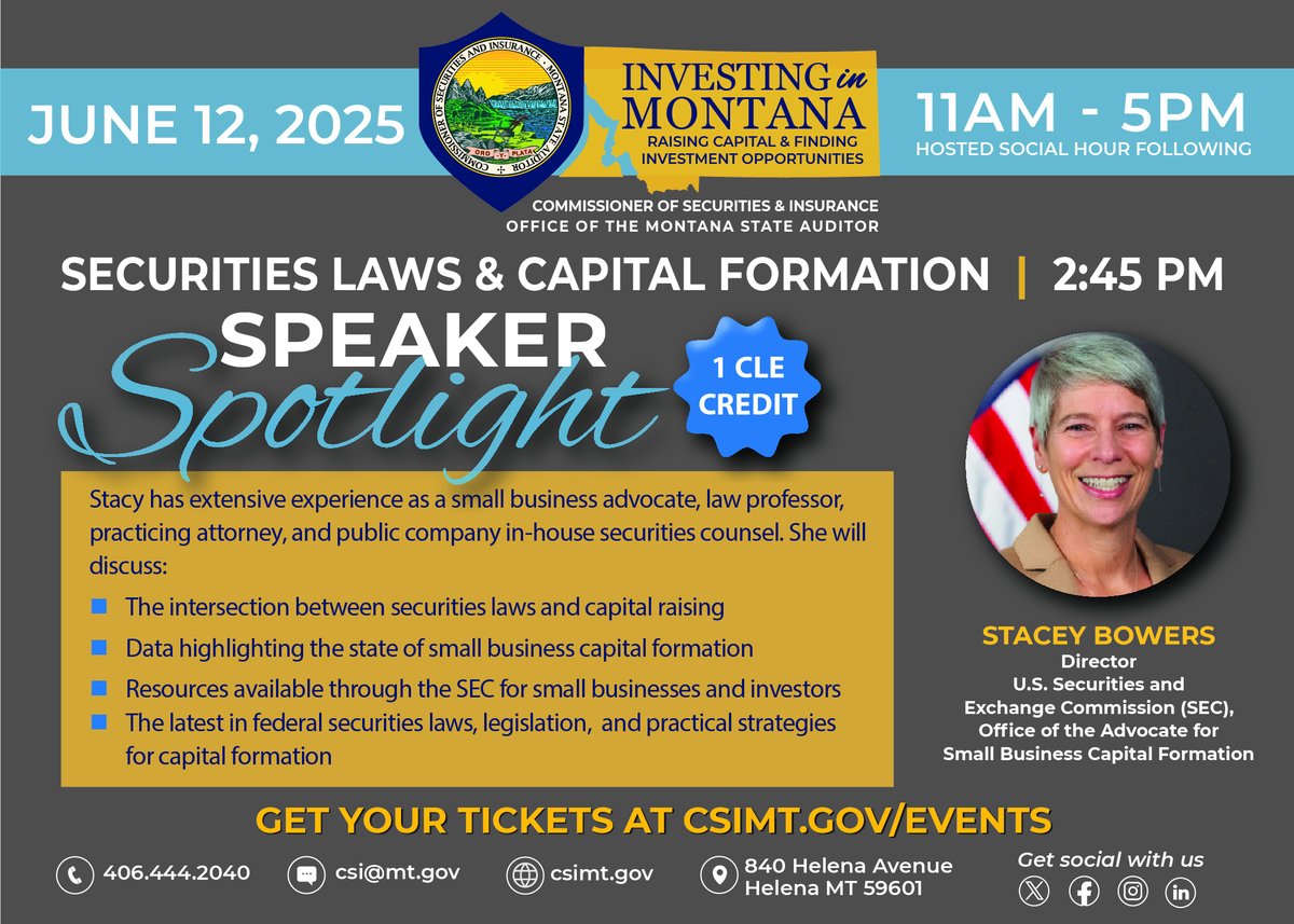BrownCSIMT's tweet image. Speaker Spotlight: Stacey Bowers - Director at the U.S. Securities and Exchange Commission (SEC), Office of the Advocate for Small Business Capital Formation.
Join us on June 12th for the 2025 Investing in Montana Summit!
Stacey will discuss Securities Laws & Capital Formation…