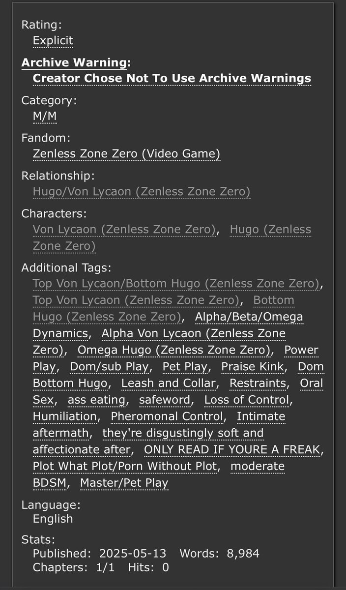 #lycahugo

"Tell me, my dear Lycaon.. remind me...which one of us was born to kneel?"
———
• 8.9k word.
• E rated.
• omegaverse.
• pwp.
• moderate bdsm.
• dom omega hugo.
• for the freak enjoyers.

🔗: [archiveofourown.org/works/65538511]
