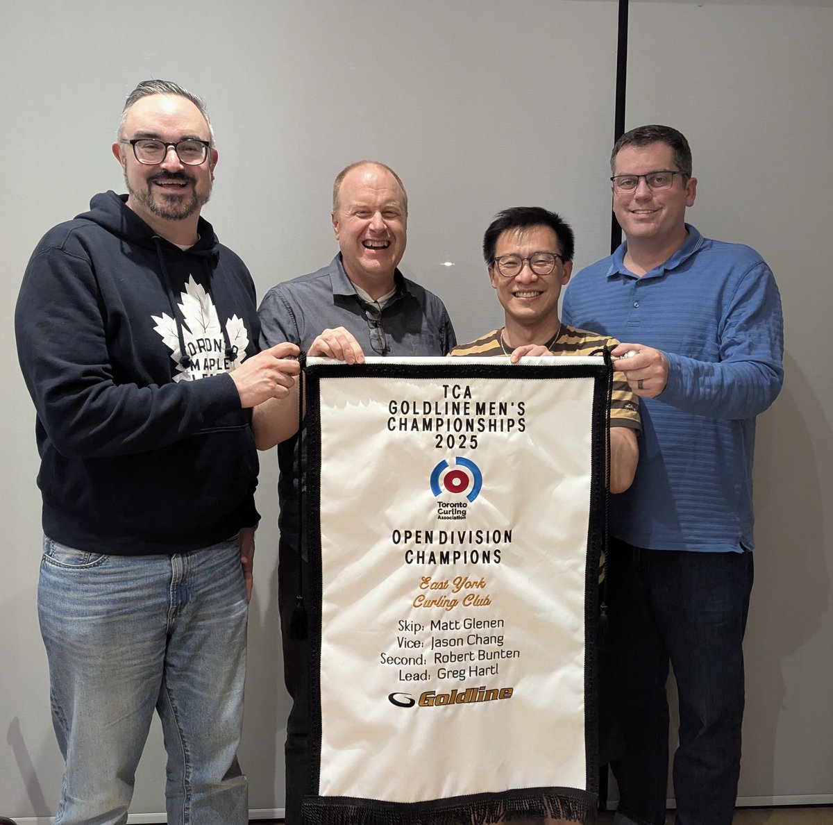 Jason Chang (@unhingedcurling) on Twitter photo Finally got the team together for a photo with our <a href="/torontocurling/">Toronto Curling</a> <a href="/GoldlineCurling/">Goldline Curling</a> Men's Championships banner! Thanks to the TCA and Goldline for giving us the chance to bring a banner home to <a href="/eastyorkcurling/">East York Curling</a>! Might we be the first ever champs from an iceless club? ๐๐๐ Finally got the team together for a photo with our <a href="/torontocurling/">Toronto Curling</a> <a href="/GoldlineCurling/">Goldline Curling</a> Men's Championships banner! Thanks to the TCA and Goldline for giving us the chance to bring a banner home to <a href="/eastyorkcurling/">East York Curling</a>! Might we be the first ever champs from an iceless club? ๐๐๐