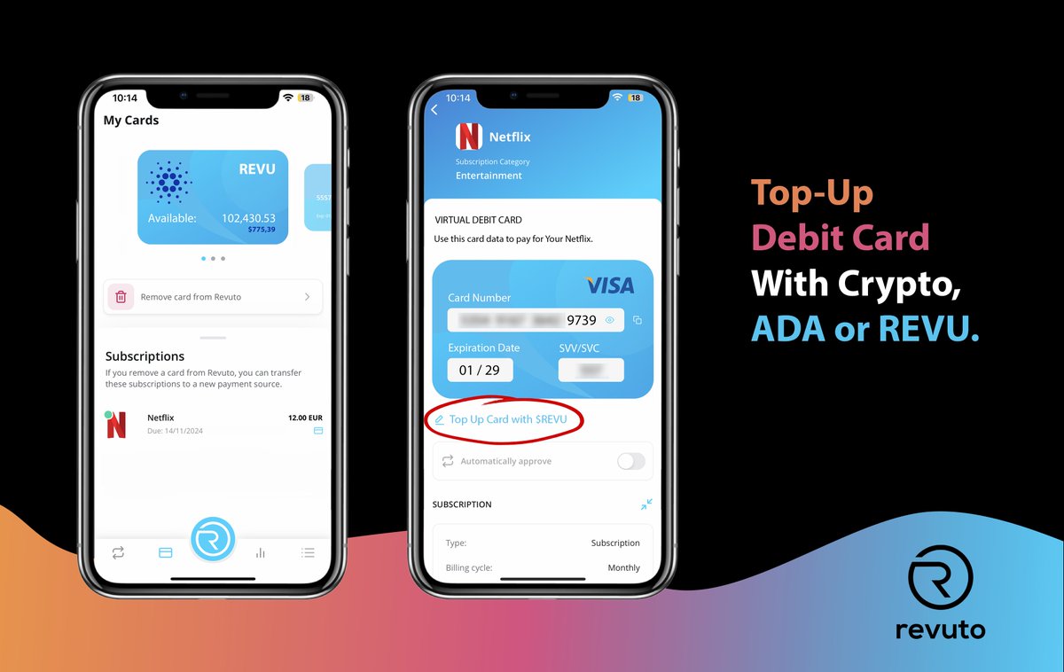 Revuto (@get_revuto) on Twitter photo ๐ฅ The first <a href="/Cardano/">Cardano Community</a> assets available for the Card top-up for Subscription Payments will be $ADA and $REVU. Selecting either of them is as easy as choosing a top-up source (Card) from the My Cards section. $REVU and $ADA cards are directly connected to your Crypto wallet and ๐ฅ The first <a href="/Cardano/">Cardano Community</a> assets available for the Card top-up for Subscription Payments will be $ADA and $REVU. Selecting either of them is as easy as choosing a top-up source (Card) from the My Cards section. $REVU and $ADA cards are directly connected to your Crypto wallet and