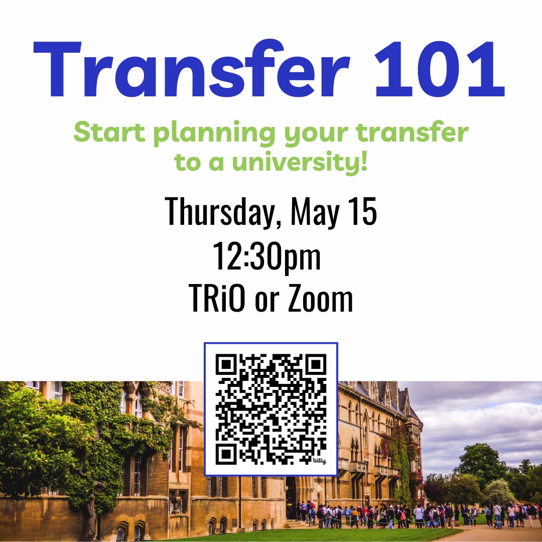 Transfer 101 Workshop, May 15, 12:30 - 1:30 p.m. in TRiO (College Center Building room 1349) or Zoom. Learn the steps to transfer from NSC to a university and ask your questions about the transfer admissions process. RSVP for Zoom link and resources at: forms.gle/96xrkZ7w5yiiwy…