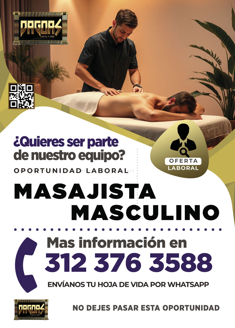 ¿Eres masajista profesional? En Dagoas Spa buscamos talento como el tuyo.
Si estás listo para formar parte de una experiencia única y contribuir al bienestar de nuestros clientes, ¡esta oportunidad es para ti!
¡Únete a nuestro equipo!

#trabajoya
#ofertalaboral
#empleobogotá