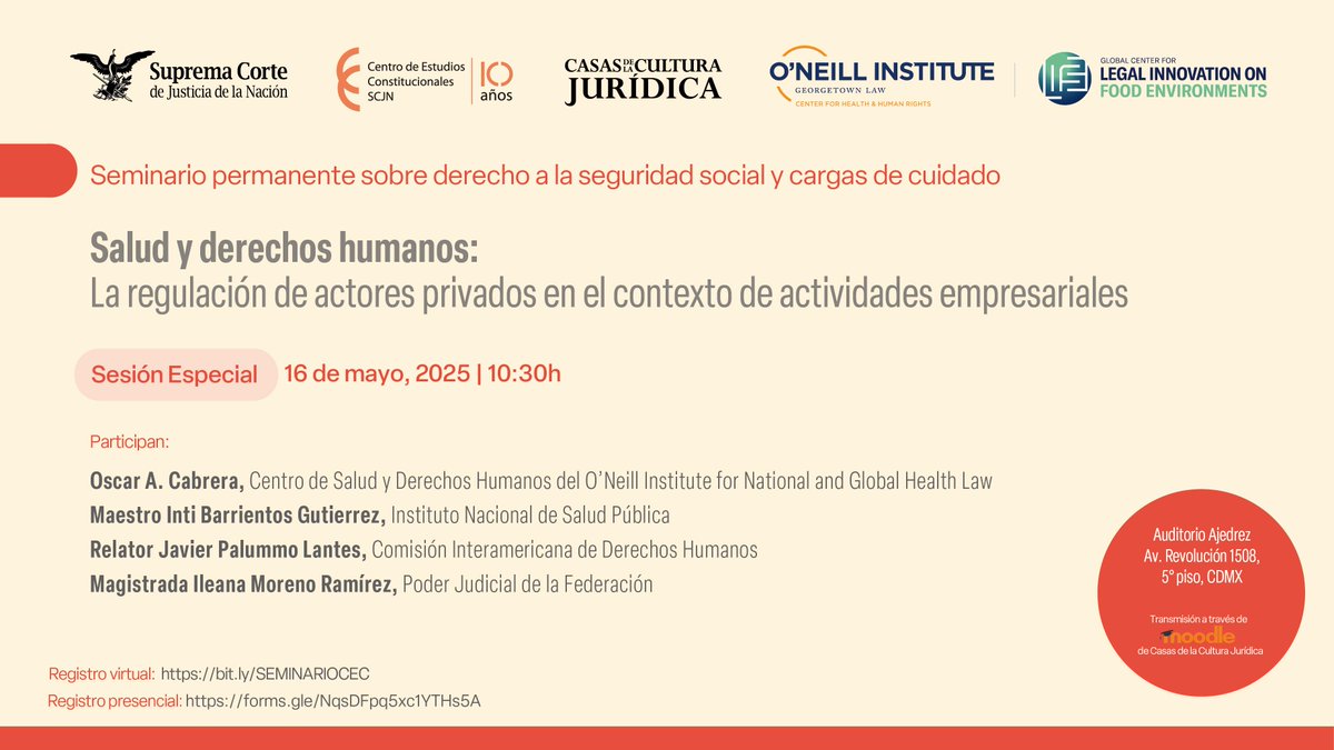 Centro de Estudios Constitucionales (@cec_scjn) on Twitter photo Conoceremos diversos puntos de vista sobre la salud en el ámbito privado en esta Sesión Especial que organizamos con el <a href="/oneillinstitute/">O'Neill Institute</a> de <a href="/GeorgetownLaw/">Georgetown Law</a>.
Registro
💻 Virtual: bit.ly/SEMINARIOCEC
🙋 Presencial: forms.gle/NqsDFpq5xc1YTH…
En colaboración con <a href="/CCJSCJN/">Casas de la Cultura Jurídica, SCJN</a>. Conoceremos diversos puntos de vista sobre la salud en el ámbito privado en esta Sesión Especial que organizamos con el <a href="/oneillinstitute/">O'Neill Institute</a> de <a href="/GeorgetownLaw/">Georgetown Law</a>.
Registro
💻 Virtual: bit.ly/SEMINARIOCEC
🙋 Presencial: forms.gle/NqsDFpq5xc1YTH…
En colaboración con <a href="/CCJSCJN/">Casas de la Cultura Jurídica, SCJN</a>.