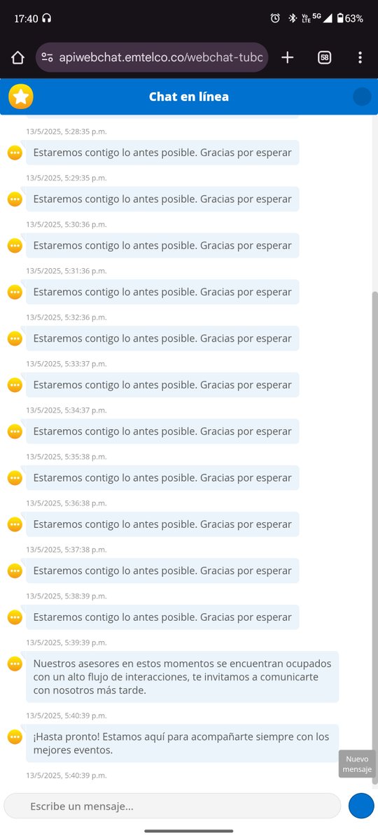Imposible generar contacto con el chat de soporte de <a href="/Tuboletaoficial/">Tuboleta</a>
