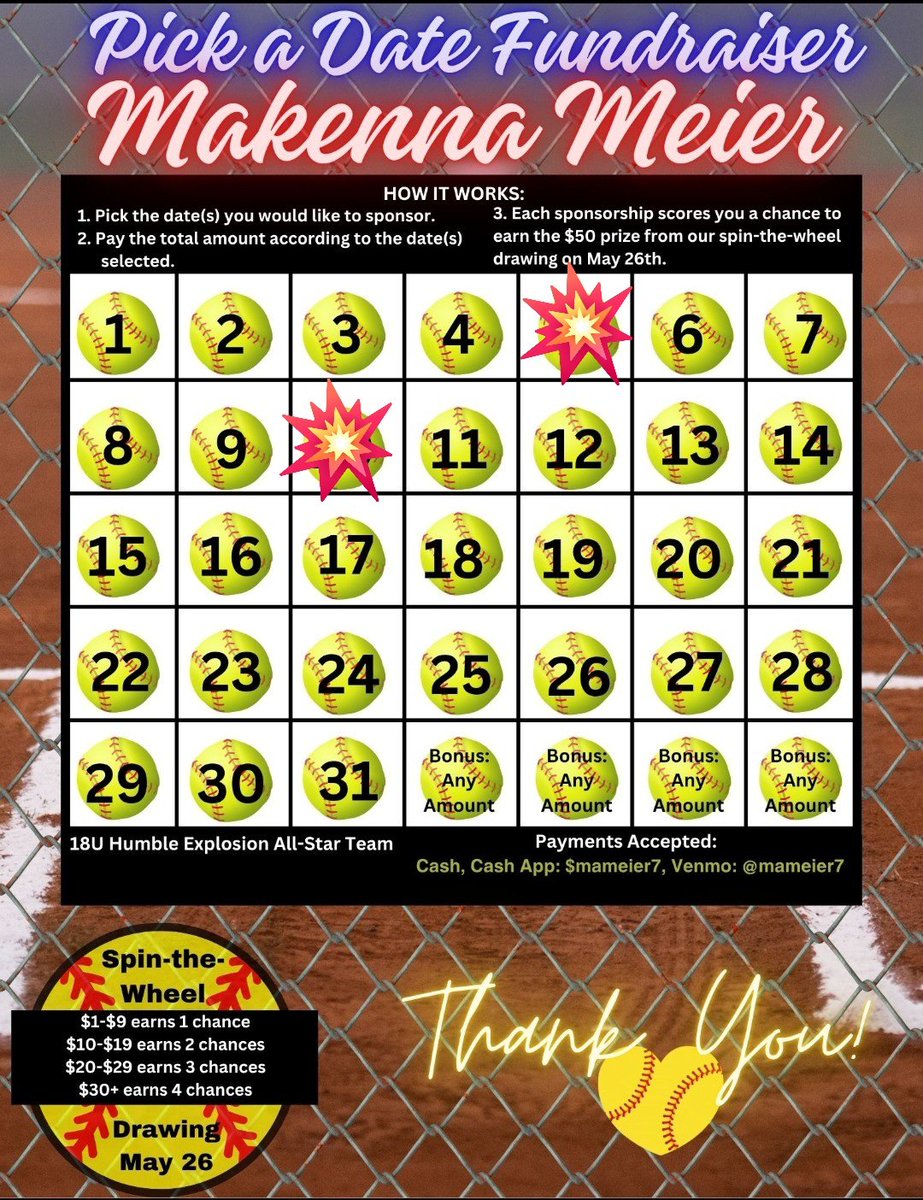 Taryn Meier (@tmeieredu) on Twitter photo Softball calendar fundraiser time! Both our girls made the Humble Explosion All-Star Softball team in their age divisions. Pick a date and pay that amount. Each with an entry into a drawing to win $50! <a href="/MeierMath/">Mitch Meier</a> #softballfamily Softball calendar fundraiser time! Both our girls made the Humble Explosion All-Star Softball team in their age divisions. Pick a date and pay that amount. Each with an entry into a drawing to win $50! <a href="/MeierMath/">Mitch Meier</a> #softballfamily