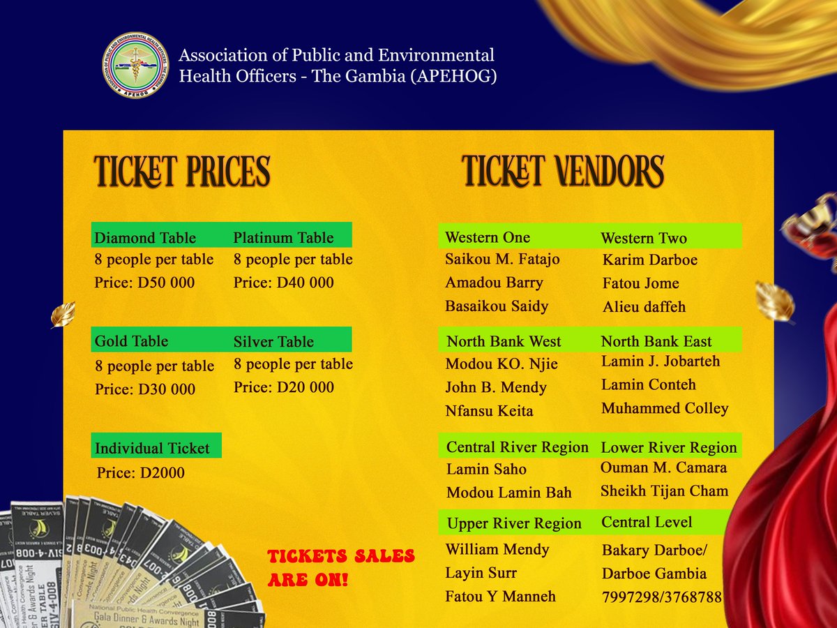 🎟️ Gala &amp; Awards Night tickets are now on SALE!

💎 Diamond Table – D50,000
💫 Platinum – D40,000
🥇 Gold – D30,000
🥈 Silver – D20,000
👤 Individual – D2,000

Get yours from regional T-shirt vendors or roaming reps!
#NPHC_25#PublicHealthGambia