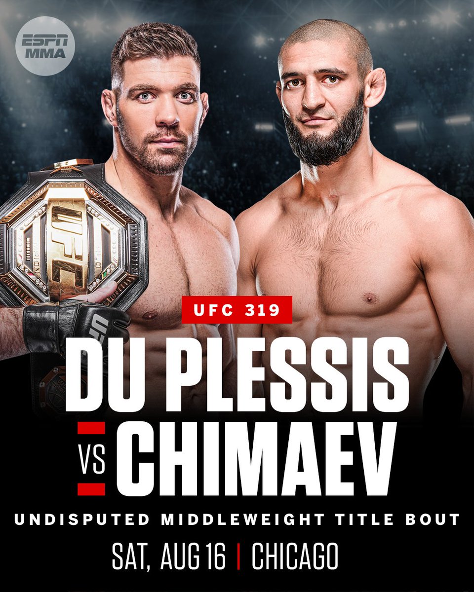 espnmma's tweet image. Dricus Du Plessis will defend his middleweight title against Khamzat Chimaev at #UFC319 in Chicago on Aug. 16, Dana White announced.