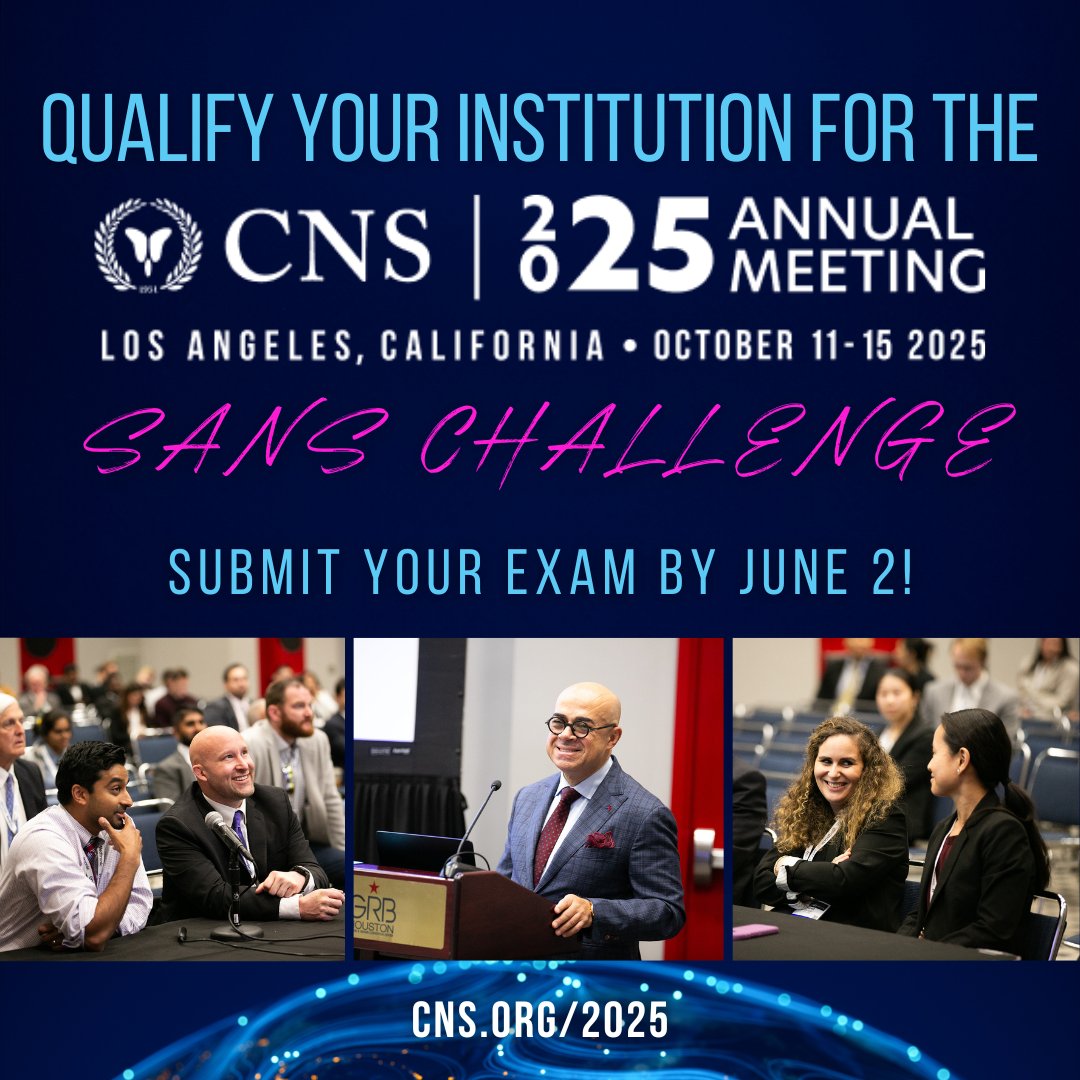 CNS (@cns_update) on Twitter photo Qualify your institution for the SANS Challenge at #2025CNS today! Each residency program may submit one exam between now and June 2. The top teams will compete live for undisputed SANS bragging rights, trophies, and cash prizes: bit.ly/43bkxse
#CNSConnects <a href="/CNSResidents/">CNSResidents</a> Qualify your institution for the SANS Challenge at #2025CNS today! Each residency program may submit one exam between now and June 2. The top teams will compete live for undisputed SANS bragging rights, trophies, and cash prizes: bit.ly/43bkxse
#CNSConnects <a href="/CNSResidents/">CNSResidents</a>