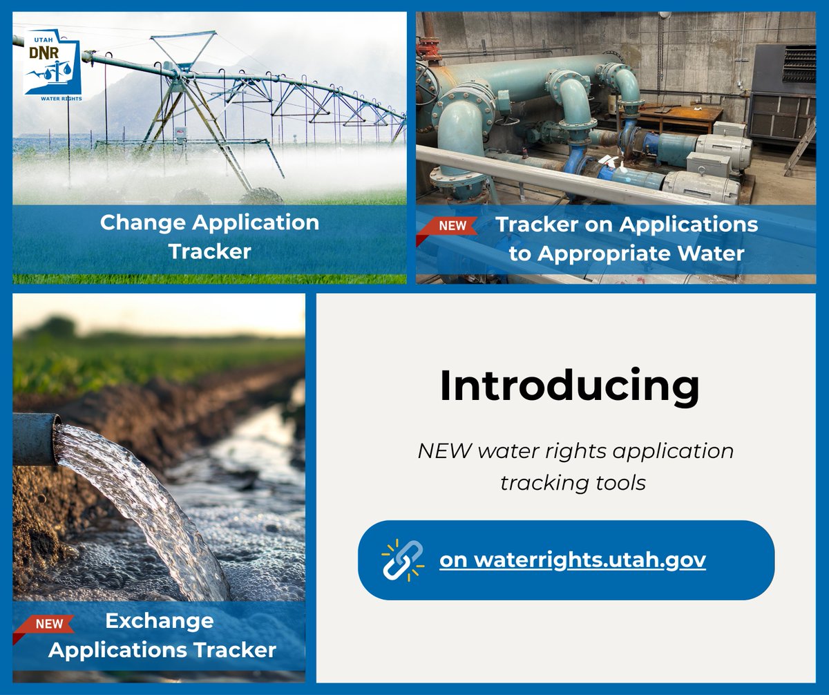 We added new online tools. 💧 In addition to tracking Change Applications, you can now follow Applications to Appropriate Water and Exchange Applications in real time. Explore the new tracker here:
🔗 waterrights.utah.gov/applicationsre…
#UtahWaterRights