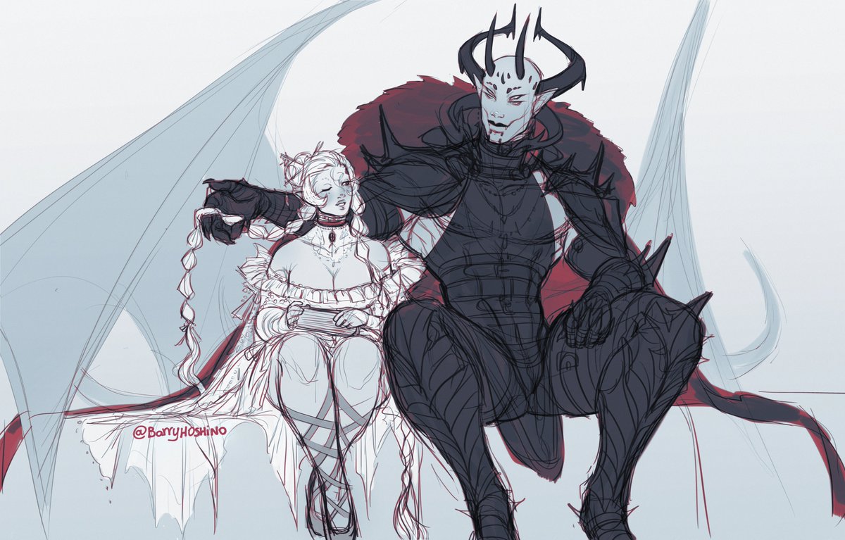 Warmup sketch of my Demon OC Az'thännoráx and his wife Pearl... (she's also my wife's OC <a href="/ToriOliveiraArt/">Tori ❤️‍🔥</a> )  💍💜

#oc #originalcharacter #art #demon #sketch