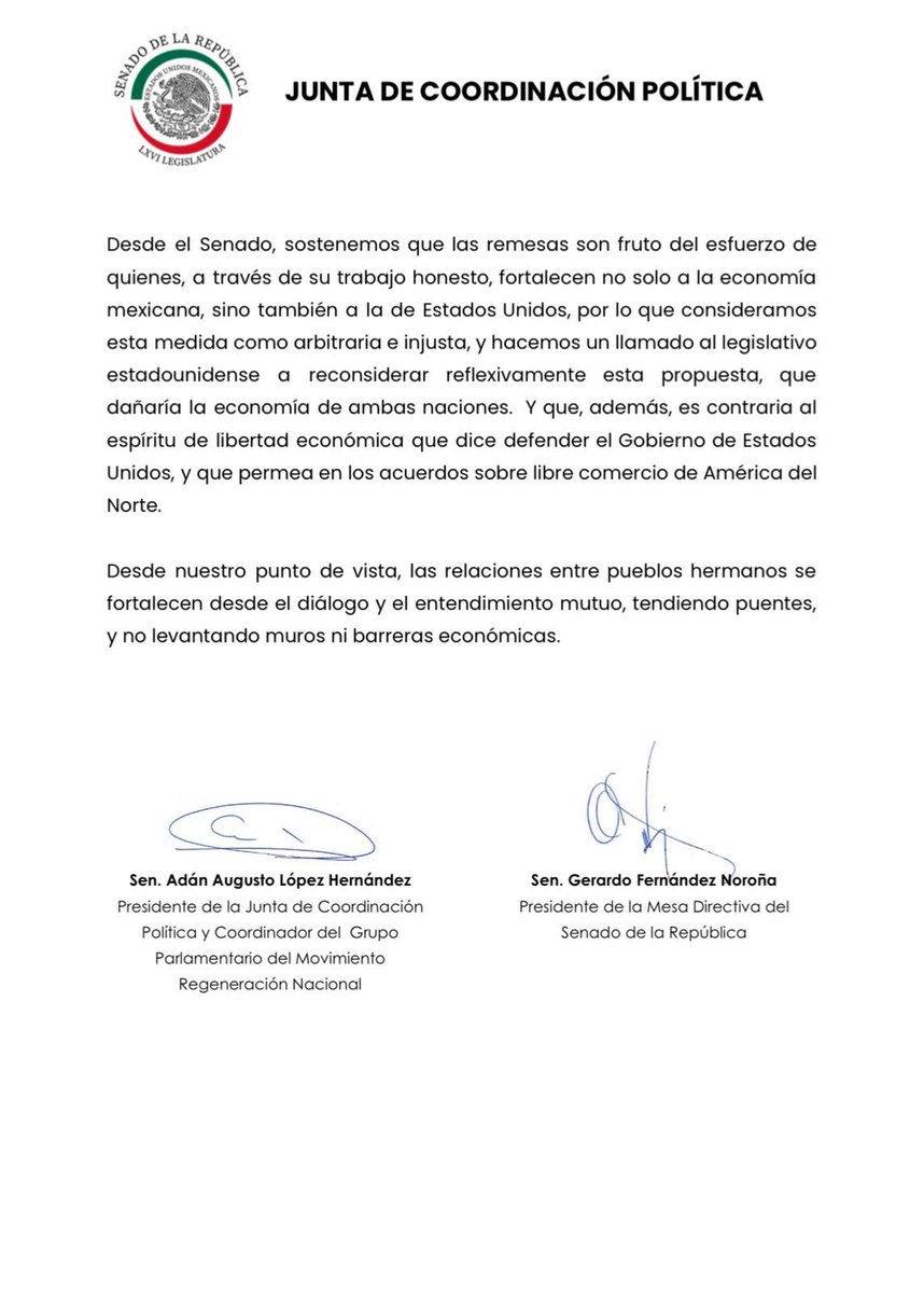 adan_augusto's tweet image. El Senado de la República, con el acuerdo unánime de todos los coordinadores parlamentarios, rechaza la propuesta de imponer un arbitrario e injusto impuesto a las remesas enviadas por los migrantes.